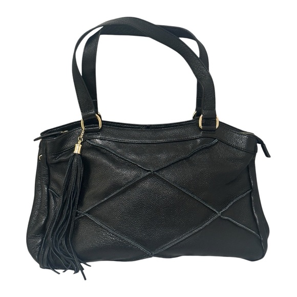 Nyla Noor Bohemian Soho Pebbled Leather Patchwork Seam Tassel Shoulder Bag Black - Picture 1 of 5